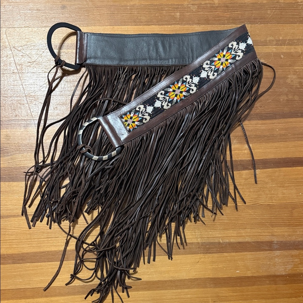 Brown Leather Fringe Belt with Floral Beaded Embroidery